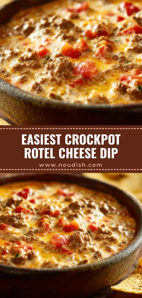 A close-up view of thick Crockpot Rotel Dip filled with ground beef and green chiles, served in a rustic stoneware bowl with golden tortilla chips.