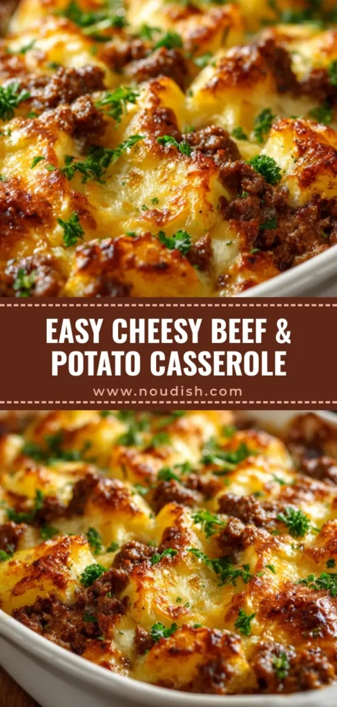 A close-up shot of a hearty Ground Beef and Potato Casserole in a white baking dish, featuring a golden-brown bubbling cheesy crust and a garnish of fresh parsley.