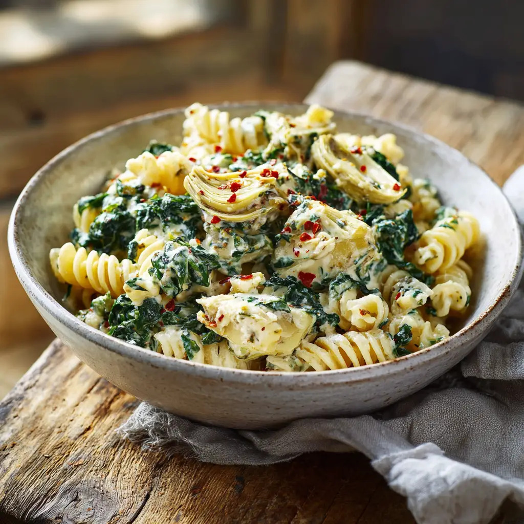 A rustic, light-colored ceramic bowl filled with a masterpiece of creamy Spinach Artichoke Dip Pasta, with natural light from a window.