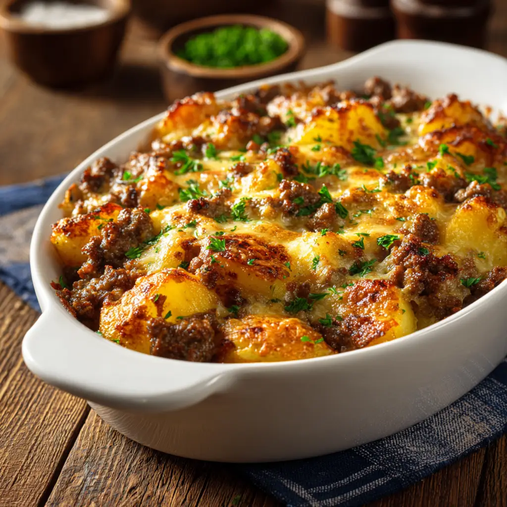 A slightly elevated macro shot of a rustic Ground Beef and Potato Casserole, showcasing the texture of the melted cheese and ground beef.