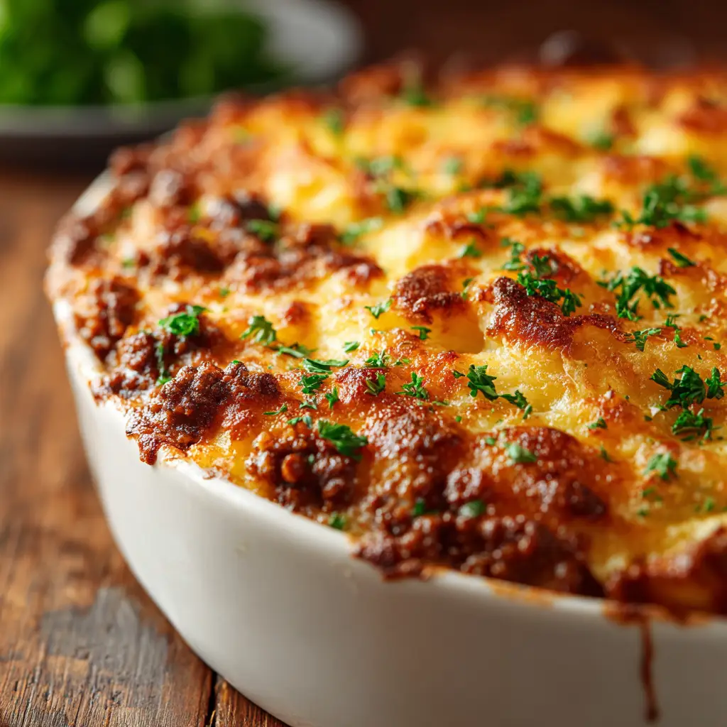 Serving a scoop of the Ground Beef and Potato Casserole from a white ceramic dish on a rustic wooden table.