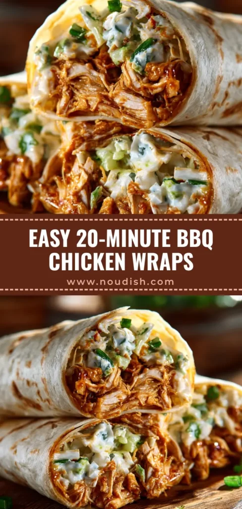 BBQ Chicken Coleslaw Wraps: A 30-Minute Flavor Explosion 4 A BBQ Chicken Coleslaw Wrap sliced in half and stacked on a rustic wooden board, showing the saucy shredded chicken and creamy coleslaw inside.