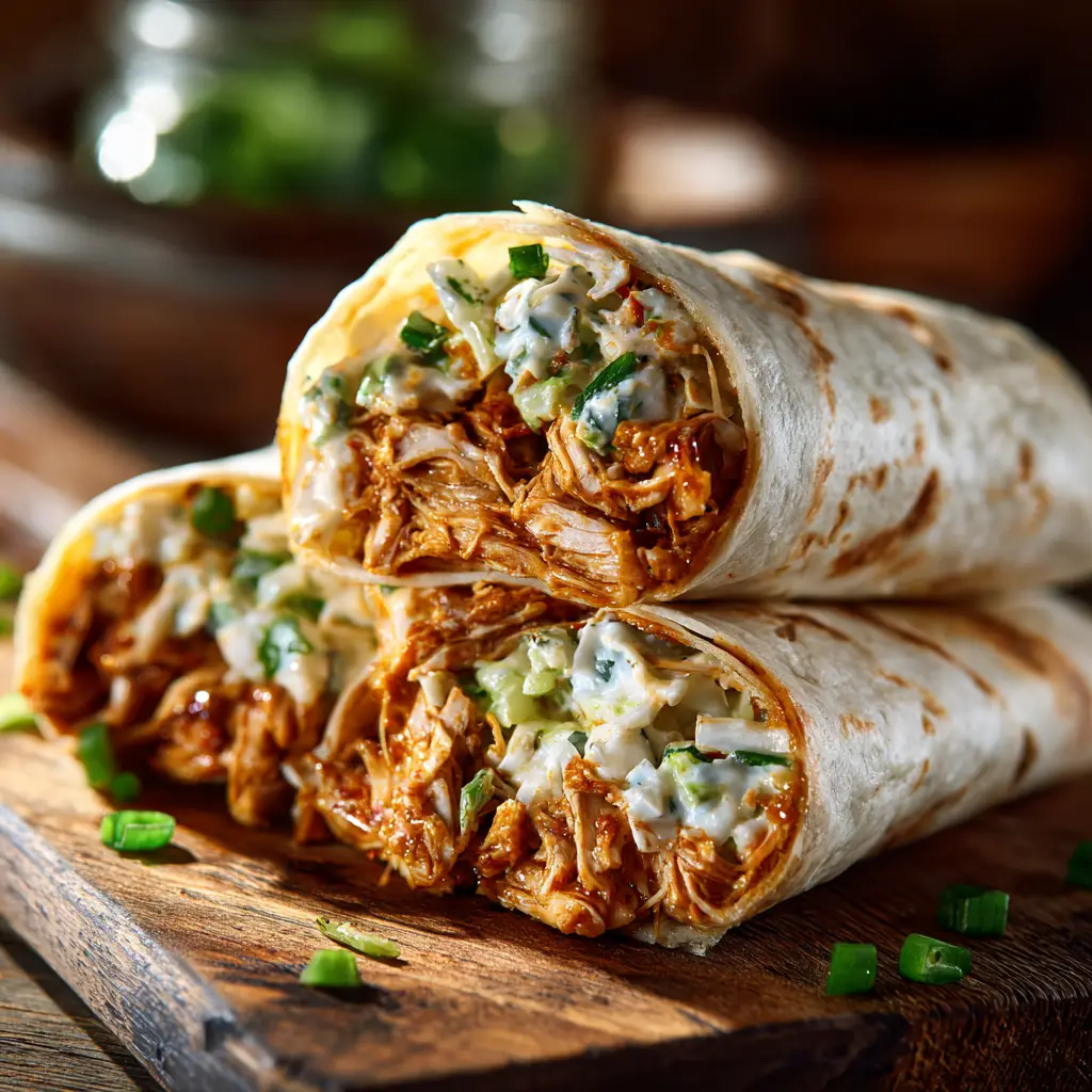 BBQ Chicken Coleslaw Wraps: A 30-Minute Flavor Explosion 1 Two halves of a BBQ Chicken Coleslaw Wrap stacked, with fresh green onions sprinkled on top. The background is softly blurred.
