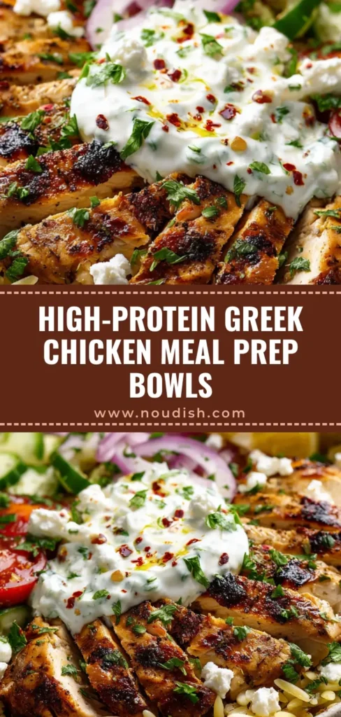 The Ultimate Greek Chicken Bowls: A Rustic & Hearty Masterpiece 4 A close-up overhead shot of a rustic and hearty Greek Chicken Bowl, ready to be shared on Pinterest.