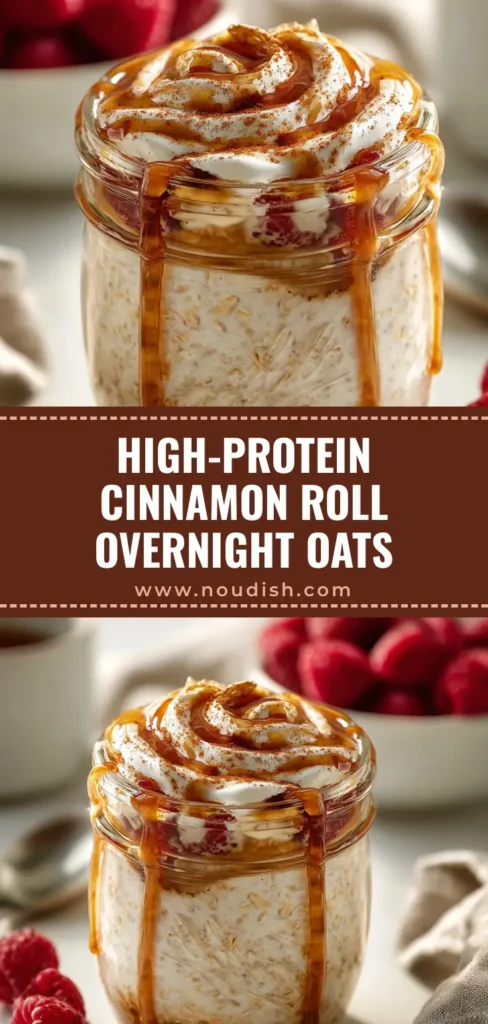 High Protein Cinnamon Roll Overnight Oats: The Ultimate Morning Meal 4 A close-up of High Protein Cinnamon Roll Overnight Oats layered in a transparent glass mason jar with a vanilla yogurt swirl, maple syrup drizzle, and cinnamon dusting.