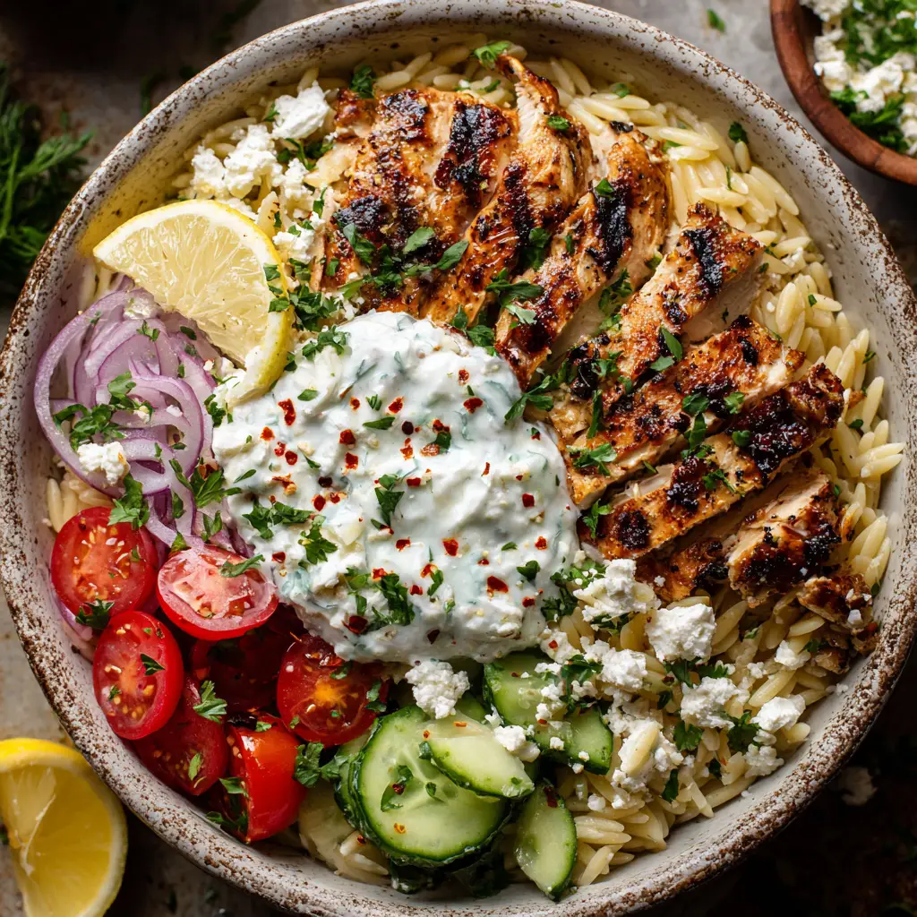 A rustic, hearty Greek chicken bowl, captured in a close-up macro shot with a shallow depth of field, showcasing the perfectly grilled chicken and fresh vegetables.