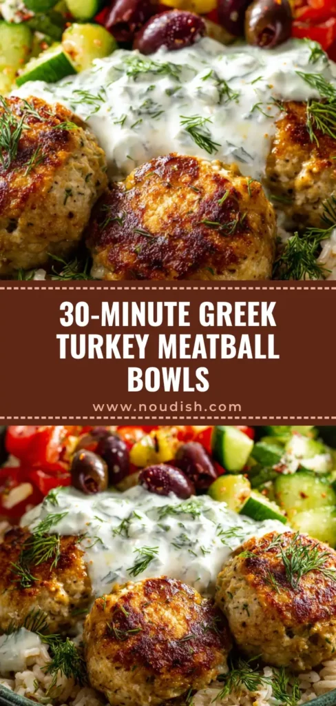 A sharable pin image of Greek Turkey Meatball Bowls with three golden meatballs, fresh salad, and creamy tzatziki sauce in a bowl. (Greek Turkey Meatball Bowls)