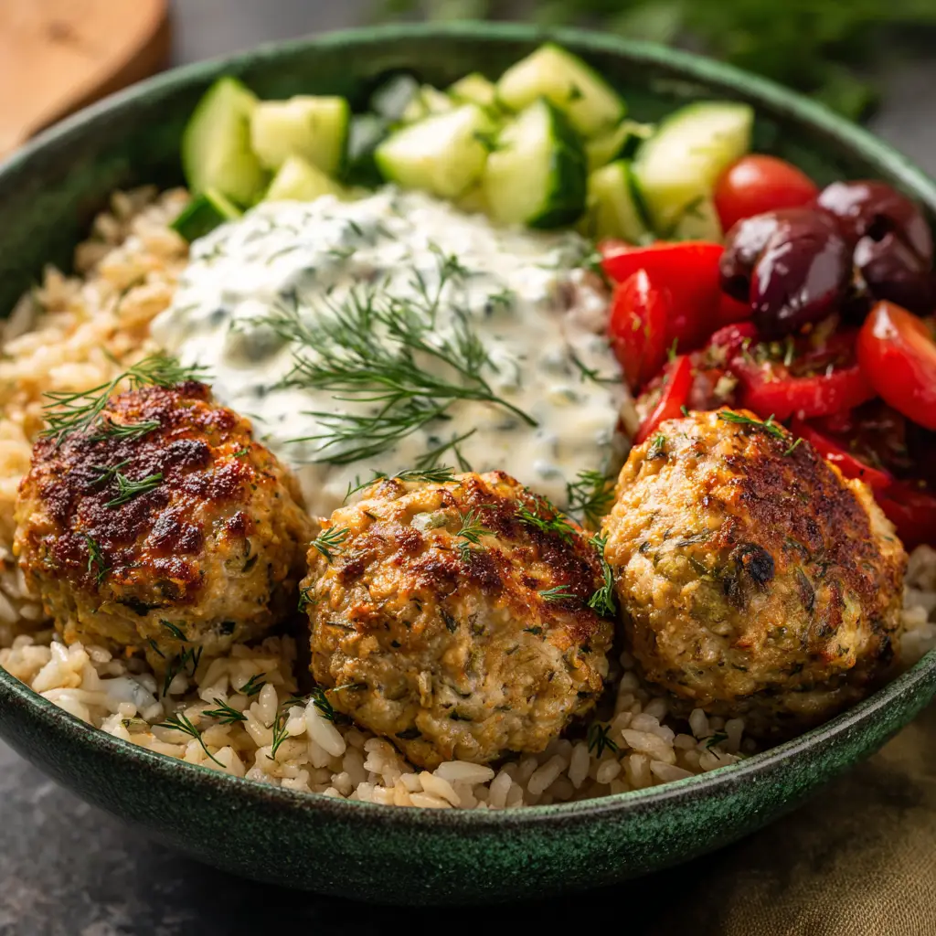 A close-up macro shot of a hearty Greek Turkey Meatball Bowl. Three golden-brown meatballs sit on brown rice with tzatziki, cucumbers, tomatoes, and olives in a dark green bowl. (Greek Turkey Meatball Bowls)
