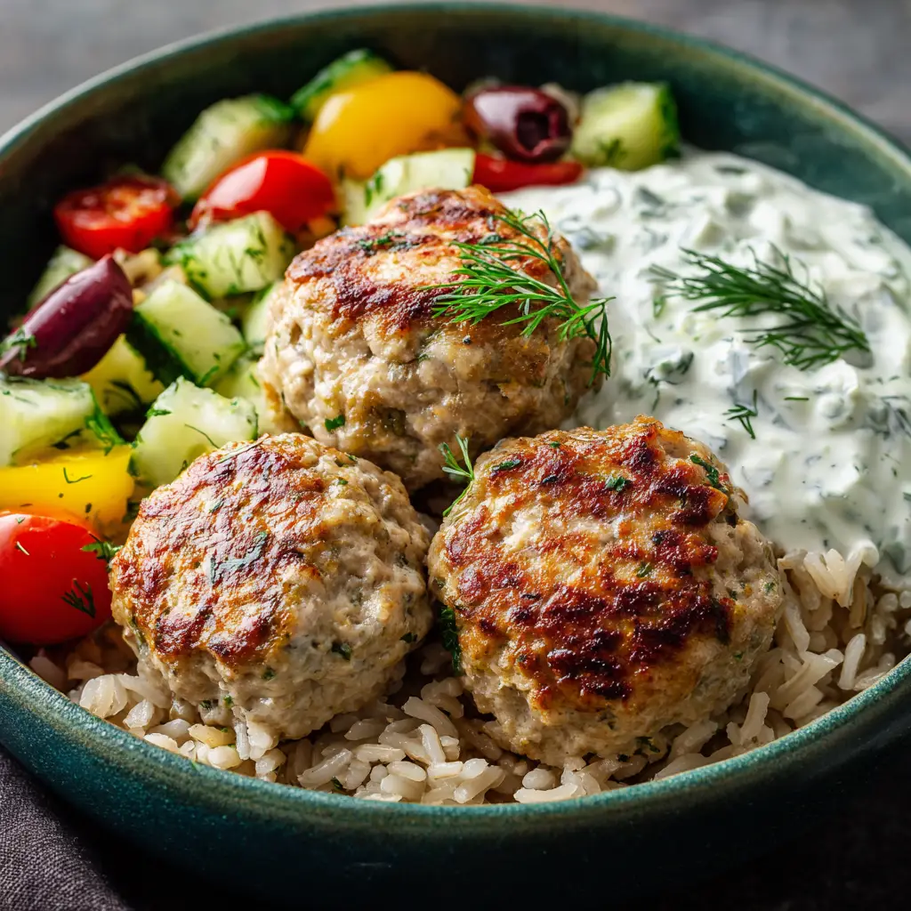 An overhead shot of a rustic Greek Turkey Meatball Bowl emphasizing the fresh salad of diced cucumbers, halved cherry tomatoes, and Kalamata olives.