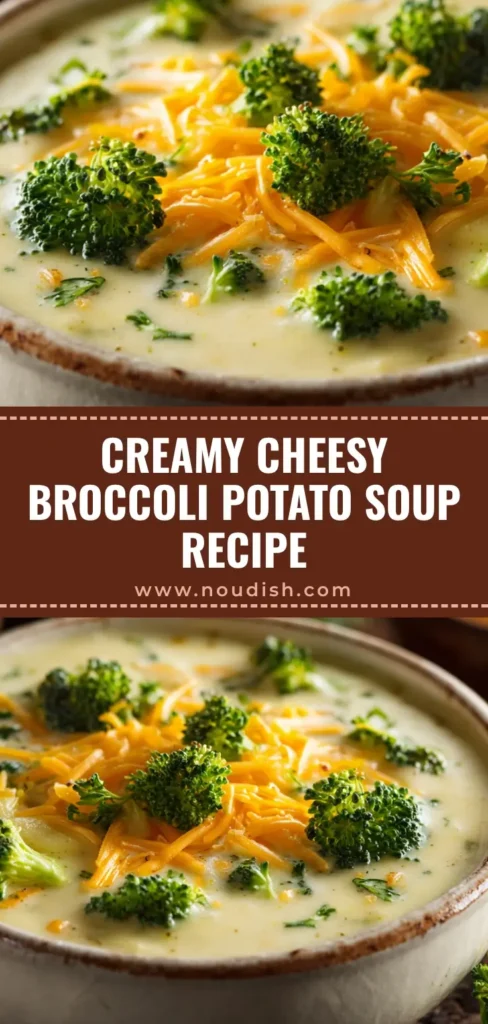 A close-up overhead shot of a rustic white bowl filled with creamy Cheesy Broccoli Potato Soup, garnished with shredded cheddar and parsley.