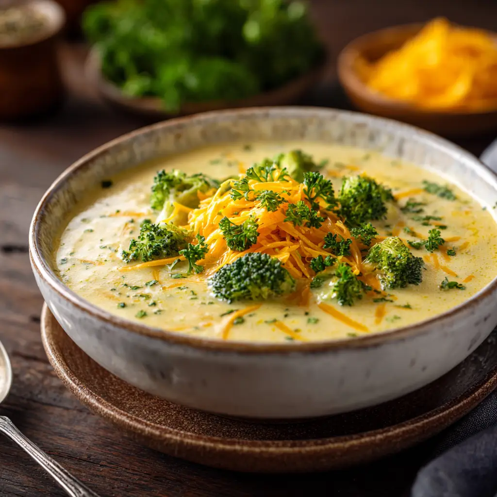 A beautiful, close-up macro shot of Cheesy Broccoli Potato Soup in a white bowl, showing its creamy texture and rich ingredients on a dark wooden table.