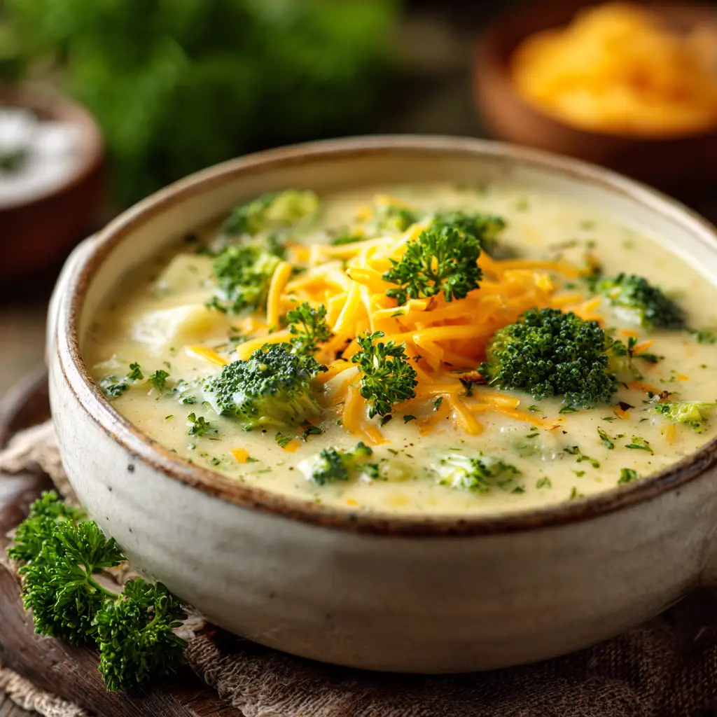 A rustic white ceramic bowl of Cheesy Broccoli Potato Soup, garnished with fresh parsley and extra shredded cheddar, ready to eat.