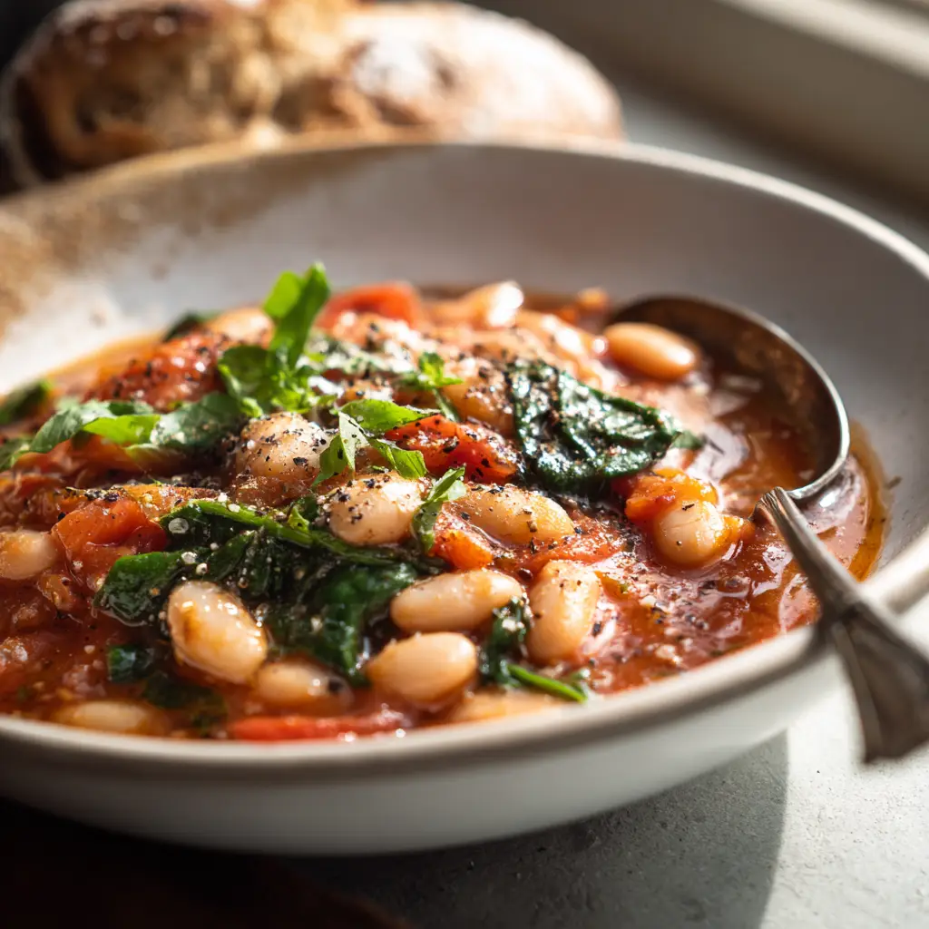 An angled close-up shot of the thick and rustic tomato white bean stew, showing the texture of cannellini beans and fire-roasted tomatoes. (Tomato White Bean Stew)