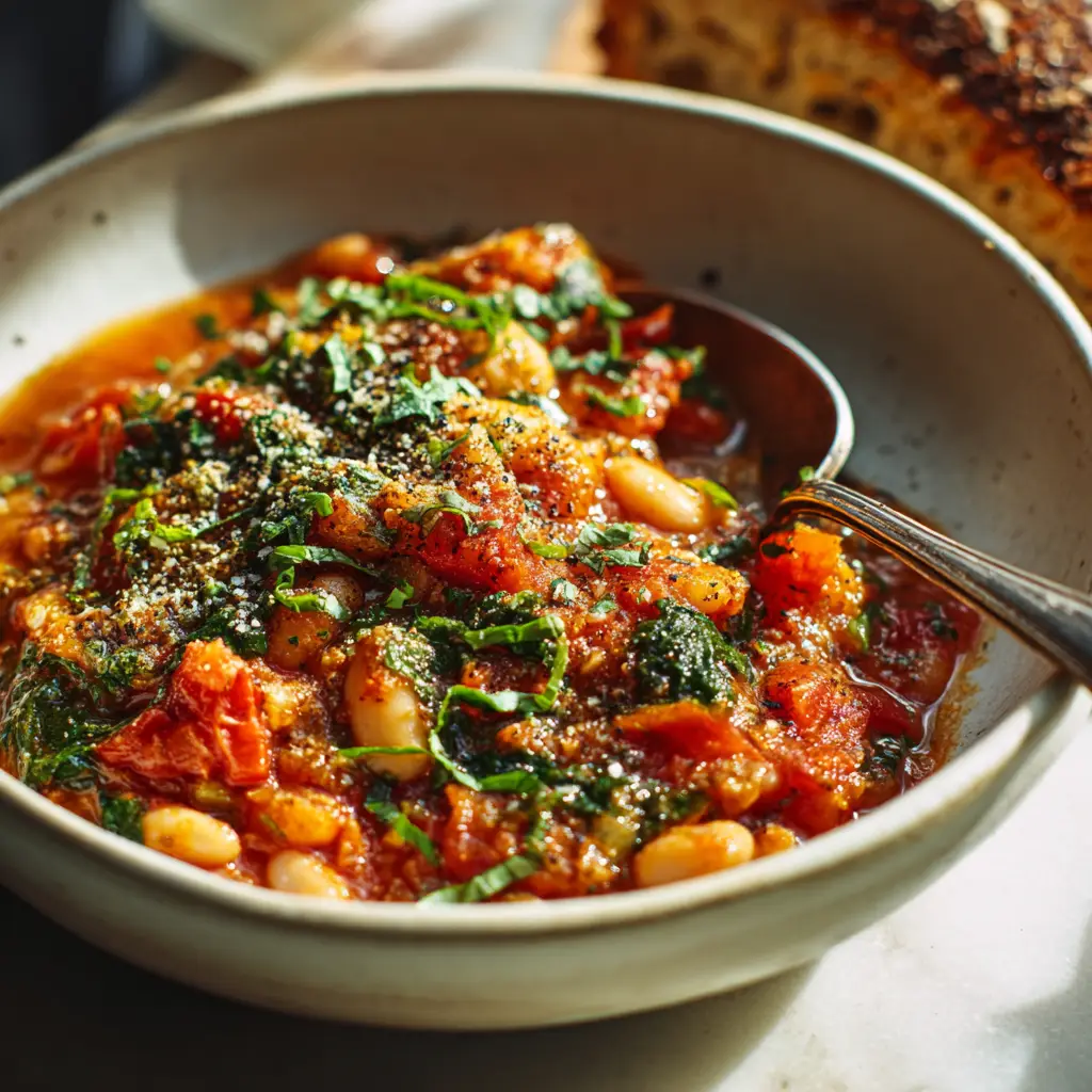 A vibrant bowl of tomato and white bean stew illuminated by natural light, with a blurred background suggesting a crusty loaf of bread.