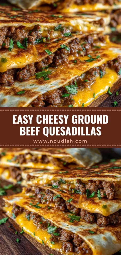 Ground Beef Quesadillas: The Ultimate Cheesy Skillet Dinner 4 A close-up photograph of cheesy Ground Beef Quesadillas cut in half on a rustic dark wooden cutting board with seasoned beef and melted cheddar cheese spilling out.
