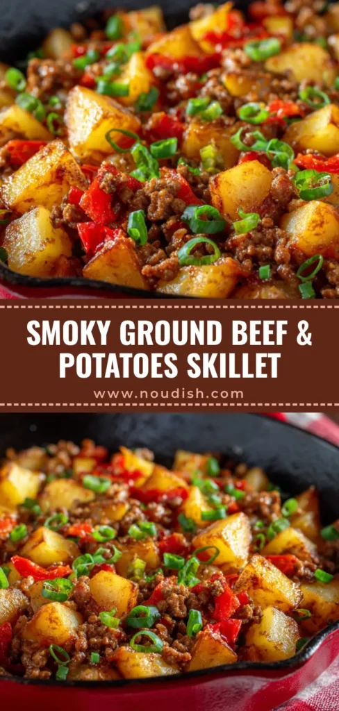 A top-down shot of a rustic ground beef and potatoes skillet in a red pan, garnished with scallions. (Ground Beef And Potatoes)
