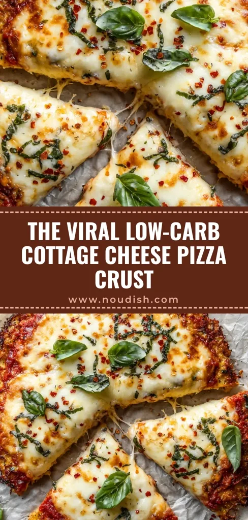 A top-down view of a round cottage cheese pizza crust on parchment paper, topped with red sauce, melted mozzarella, and fresh basil.