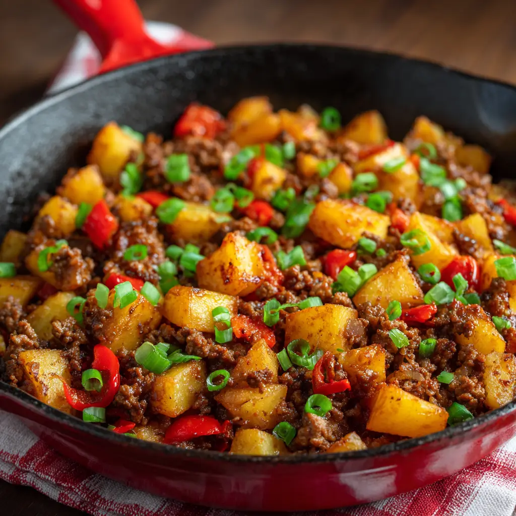 A close-up macro photograph of savory ground beef and perfectly browned cubed potatoes mixed with red bell pepper and onion in a rich sauce. (Ground Beef And Potatoes)