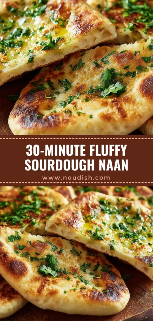 A close-up of several pieces of golden Sourdough Discard Naan, glistening with melted butter and fresh cilantro, on a rustic wooden board. (Sourdough Discard Naan)