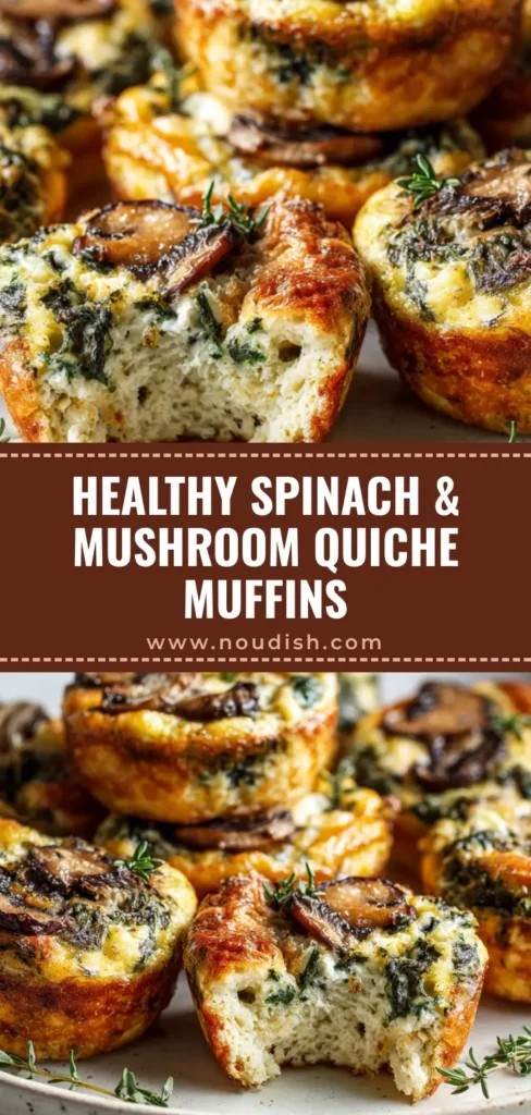 Spinach and Mushroom Quiche Muffins (The Ultimate Savory Breakfast) 4 A close-up of perfectly golden-brown Spinach and Mushroom Quiche Muffins arranged on an off-white ceramic plate, garnished with fresh thyme.