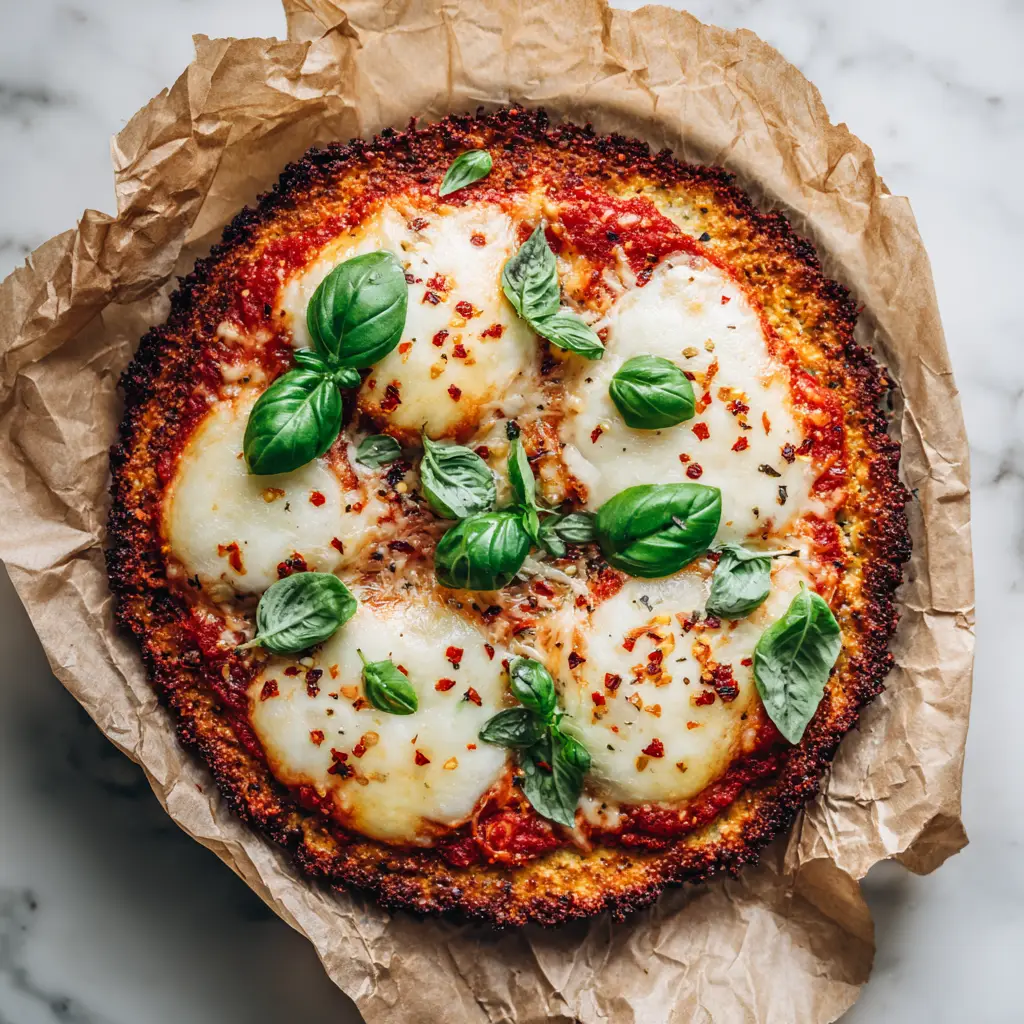 A close-up, top-down shot of a rustic, homemade cottage cheese pizza crust, showcasing its crispy golden texture and pools of melted mozzarella.