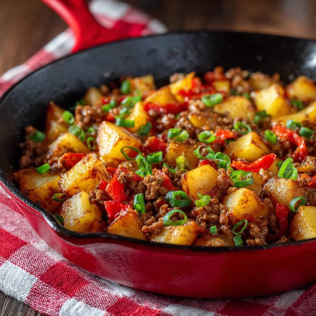 A vibrant red enamel cast-iron pan filled with a home-cooked ground beef and potato meal, garnished with fresh scallions.