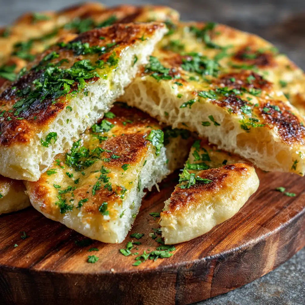 A macro shot showing the soft, airy interior texture of a torn piece of Sourdough Discard Naan, with butter and cilantro visible. (Sourdough Discard Naan)