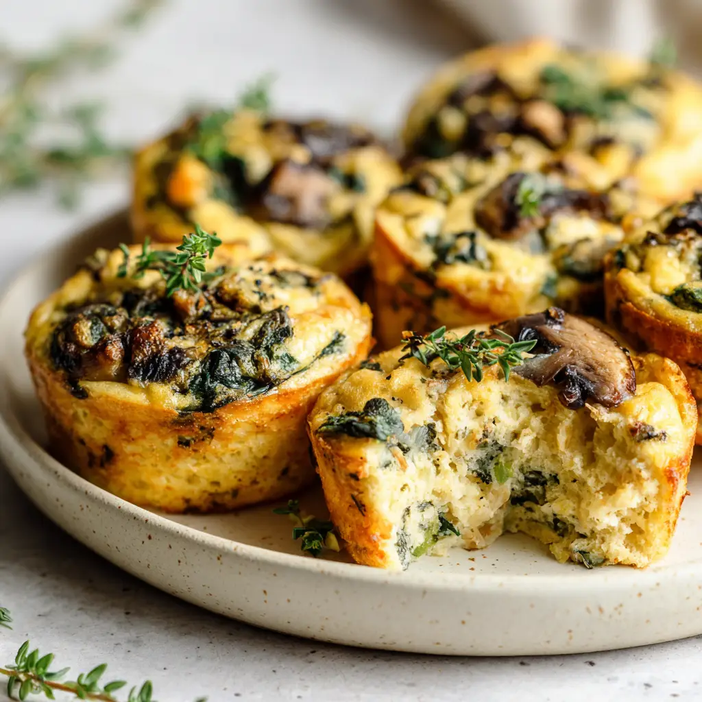 A macro shot of a crustless spinach and mushroom quiche muffin with a bite taken out, revealing the fluffy and cheesy interior texture.