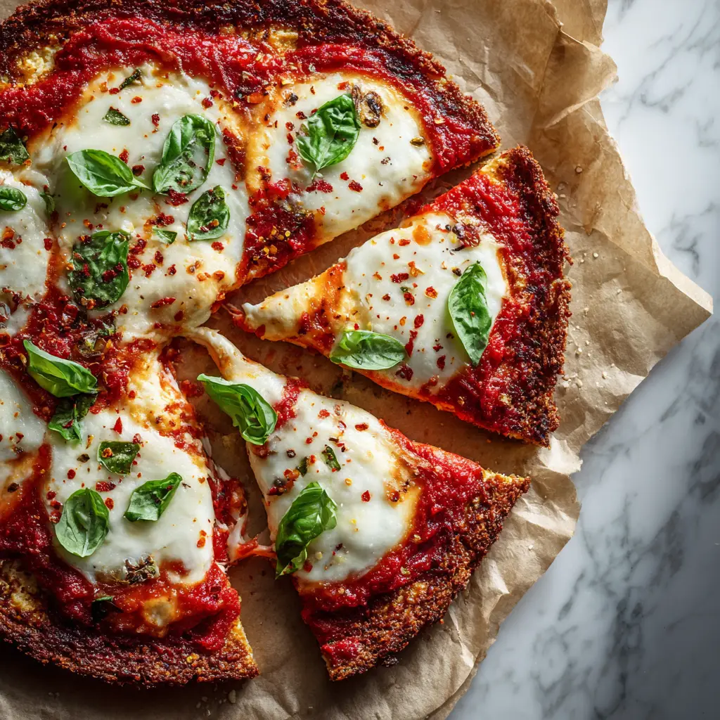 A full view of the finished cottage cheese crust pizza on a white marble surface, garnished with red pepper flakes and fresh basil.