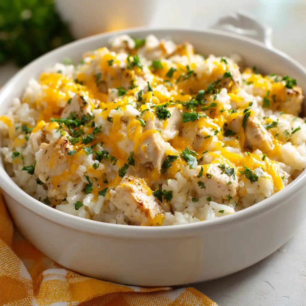 Crockpot chicken and rice casserole generously topped with melted golden cheddar cheese set against a yellow checkered napkin.
