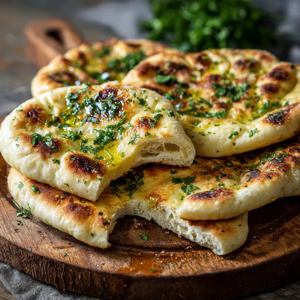 A casual arrangement of freshly cooked, golden-brown Sourdough Discard Naan on a wooden board, ready to be served.
