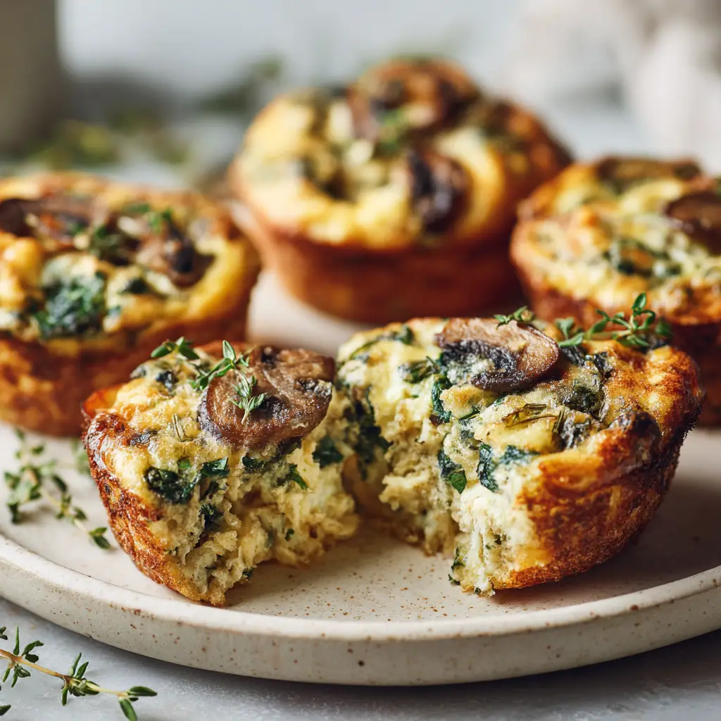 Spinach and Mushroom Quiche Muffins (The Ultimate Savory Breakfast) 1 A warm and inviting shot of several spinach and mushroom quiche muffins on a plate, bathed in natural kitchen light.