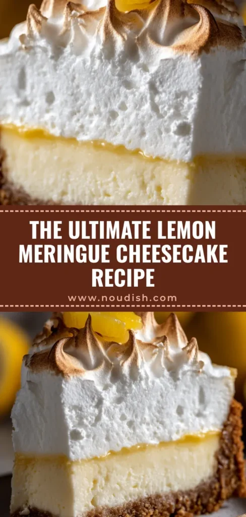 A beautiful slice of lemon meringue cheesecake on a rustic plate, with distinct layers of crust, filling, and toasted meringue. (Lemon Meringue Cheesecake)