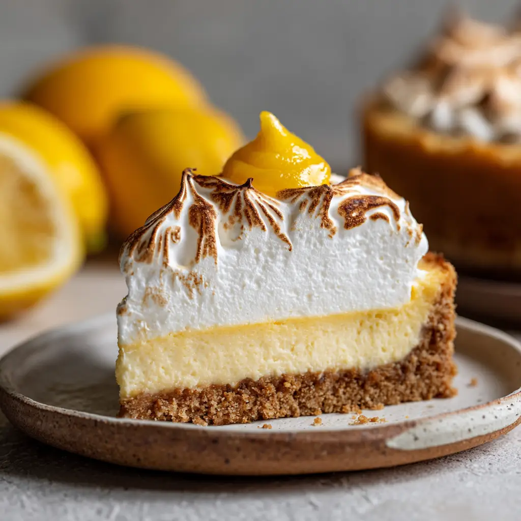 A close-up macro shot of a single slice of lemon meringue cheesecake, showing off the creamy yellow filling and thick graham cracker crust. (Lemon Meringue Cheesecake)