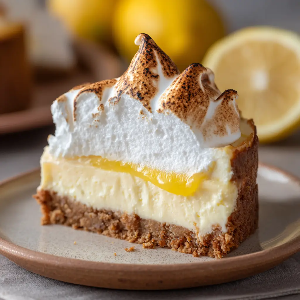 A hearty slice of fresh lemon meringue cheesecake on a rustic plate, with toasted brown peaks on the meringue and fresh lemons in the background.