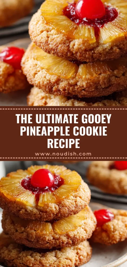 Pineapple Upside Down Cookies: The Ultimate Gooey & Golden Treat 4 A stack of three homemade Pineapple Upside Down Cookies on a white plate, each with a caramelized pineapple ring and a red cherry. (Pineapple Upside Down Cookies)