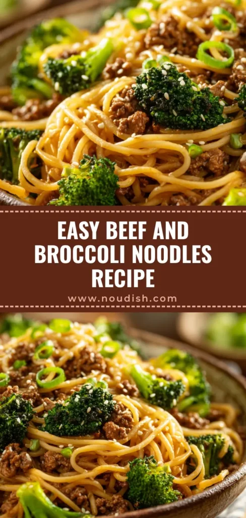 A rustic stoneware bowl filled with Ground Beef And Broccoli Noodles, garnished with sesame seeds and green onions. The noodles are glistening in a savory sauce.