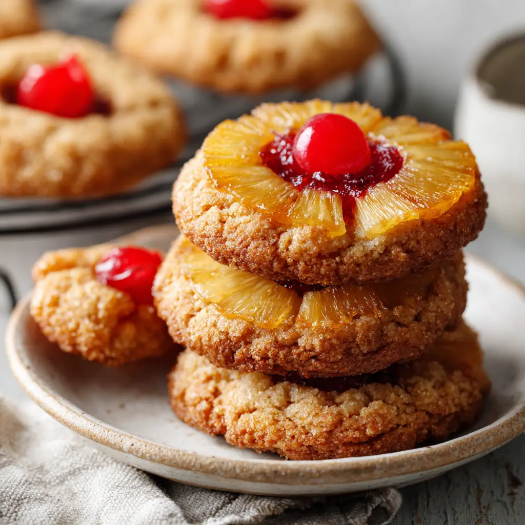 A close-up macro shot of Pineapple Upside Down Cookies stacked on a simple ceramic plate, showing the rich, moist texture and glistening pineapple topping. (Pineapple Upside Down Cookies)