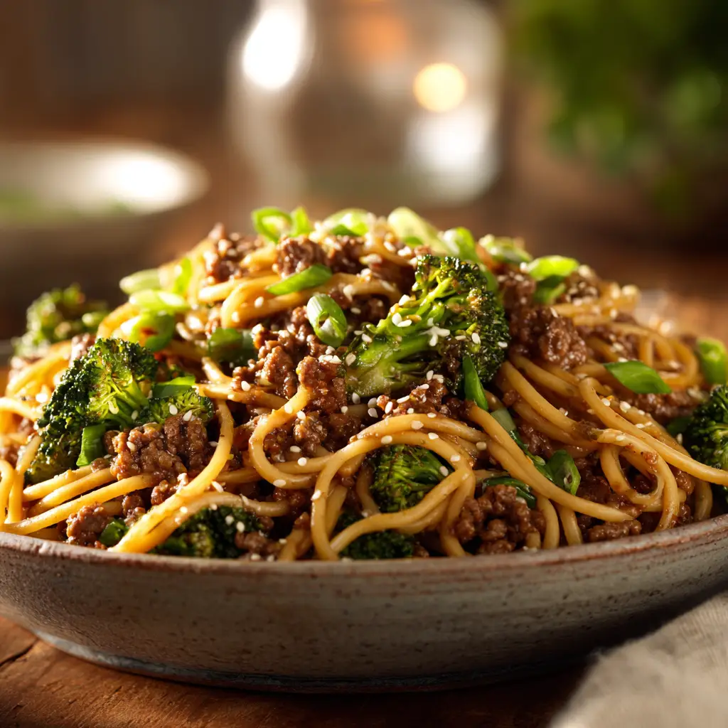 A close-up, low-angle shot of a fork twirling saucy Ground Beef And Broccoli Noodles from a shallow bowl, showcasing the glistening texture.