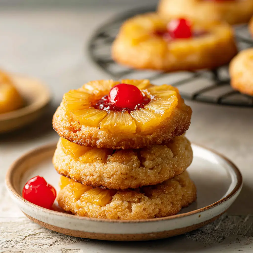 Pineapple Upside Down Cookies: The Ultimate Gooey & Golden Treat 1 Freshly baked Pineapple Upside Down Cookies cooling on a vintage wire rack on a light-wood kitchen counter, bathed in natural light.