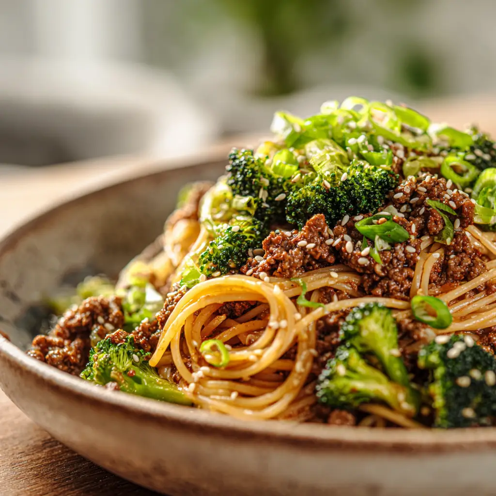An overhead view of the finished Ground Beef and Broccoli Noodles, showing the vibrant green broccoli florets and browned beef.