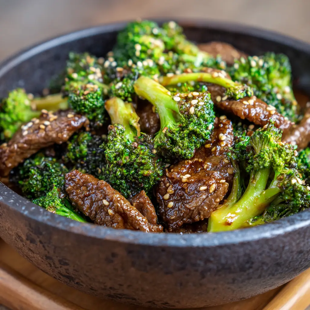A macro shot showcasing the incredible texture of tender beef slices and vibrant green broccoli covered in a glossy, savory sauce. (Beef and Broccoli Recipe)