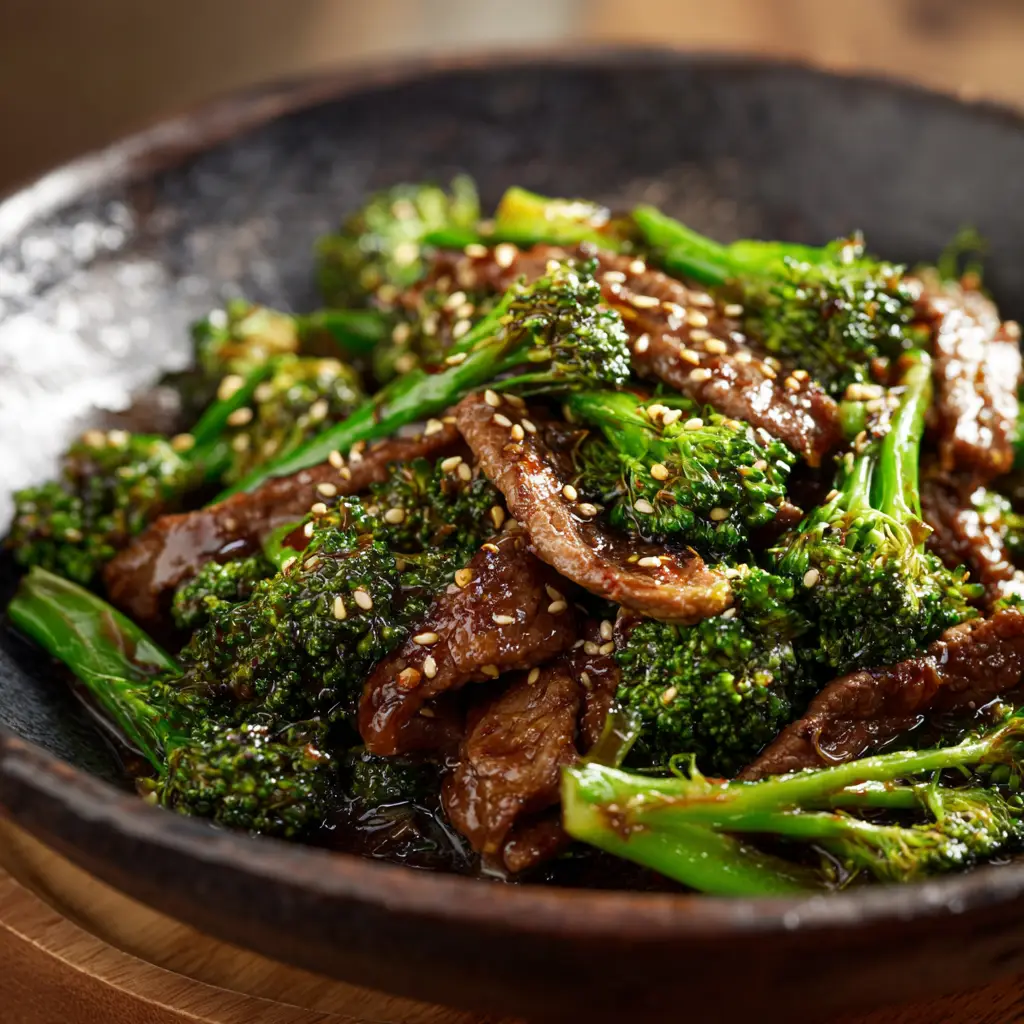 A beautiful presentation of the home-cooked beef and broccoli stir fry in a dark bowl on a wooden surface, ready to eat.
