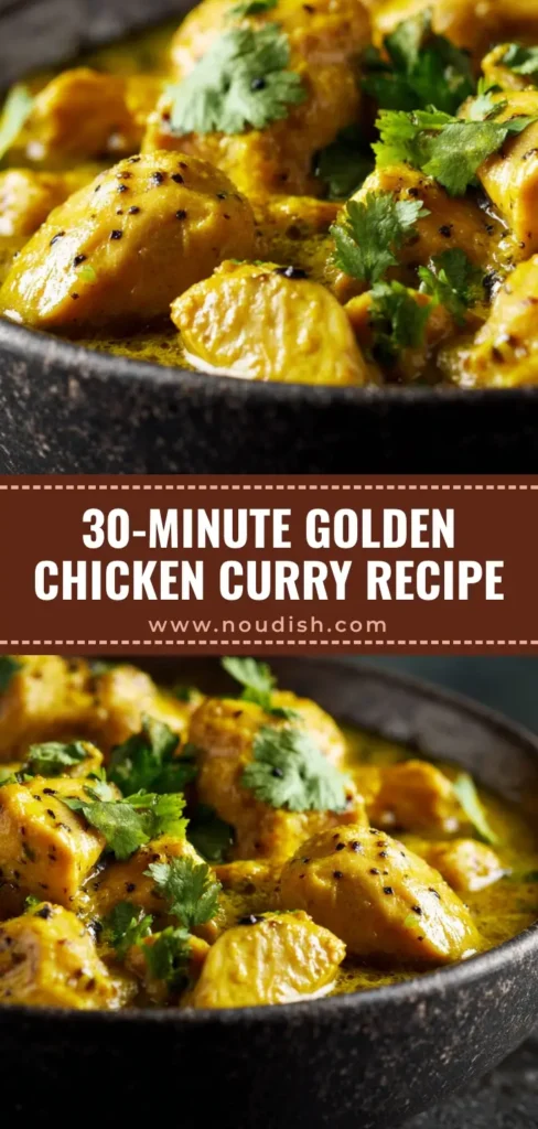 A rustic, hearty bowl of Golden Chicken Curry, garnished with fresh cilantro and sitting on a dark slate surface.