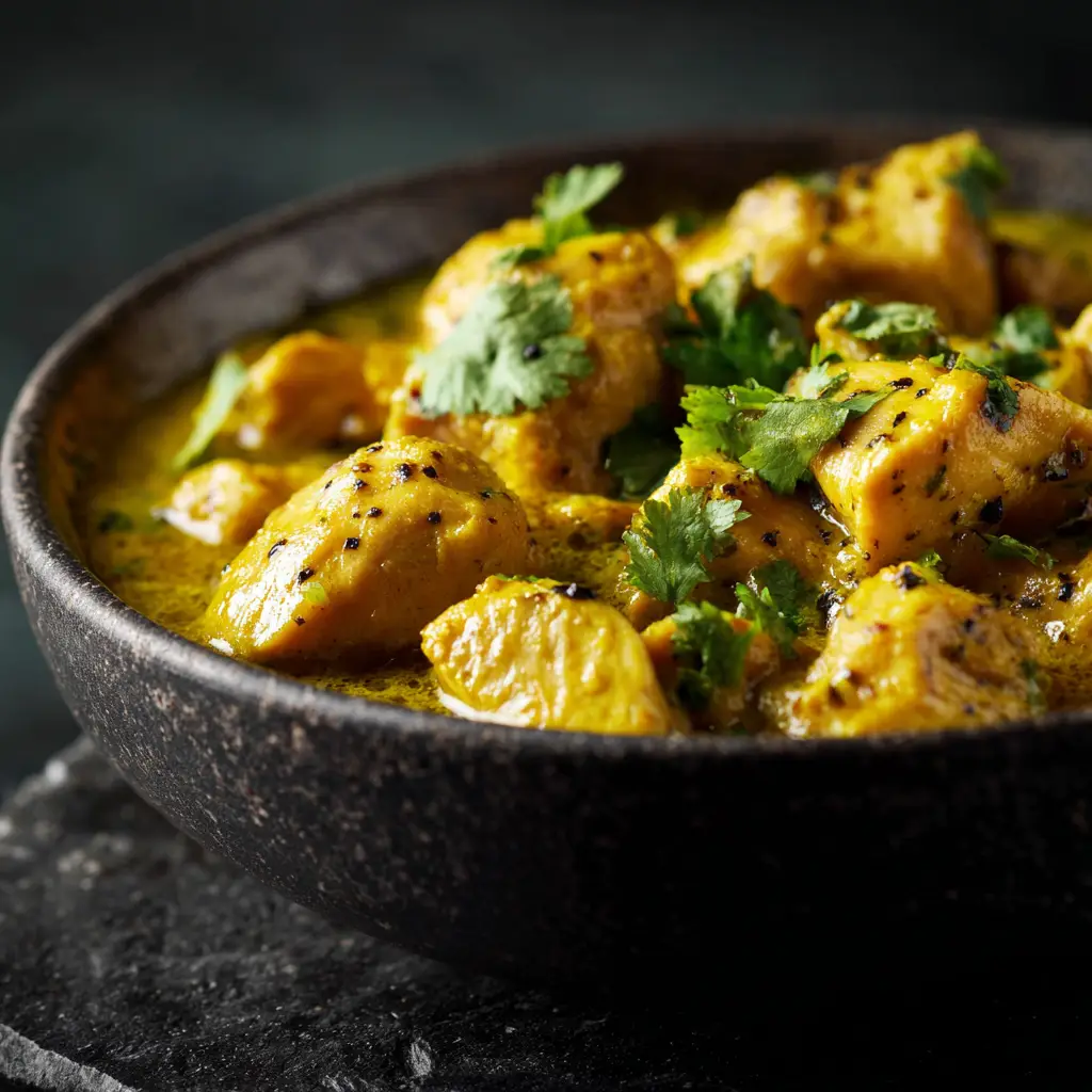 A close-up macro shot of Golden Chicken Curry, showing the glistening yellow sauce coating tender chunks of chicken.