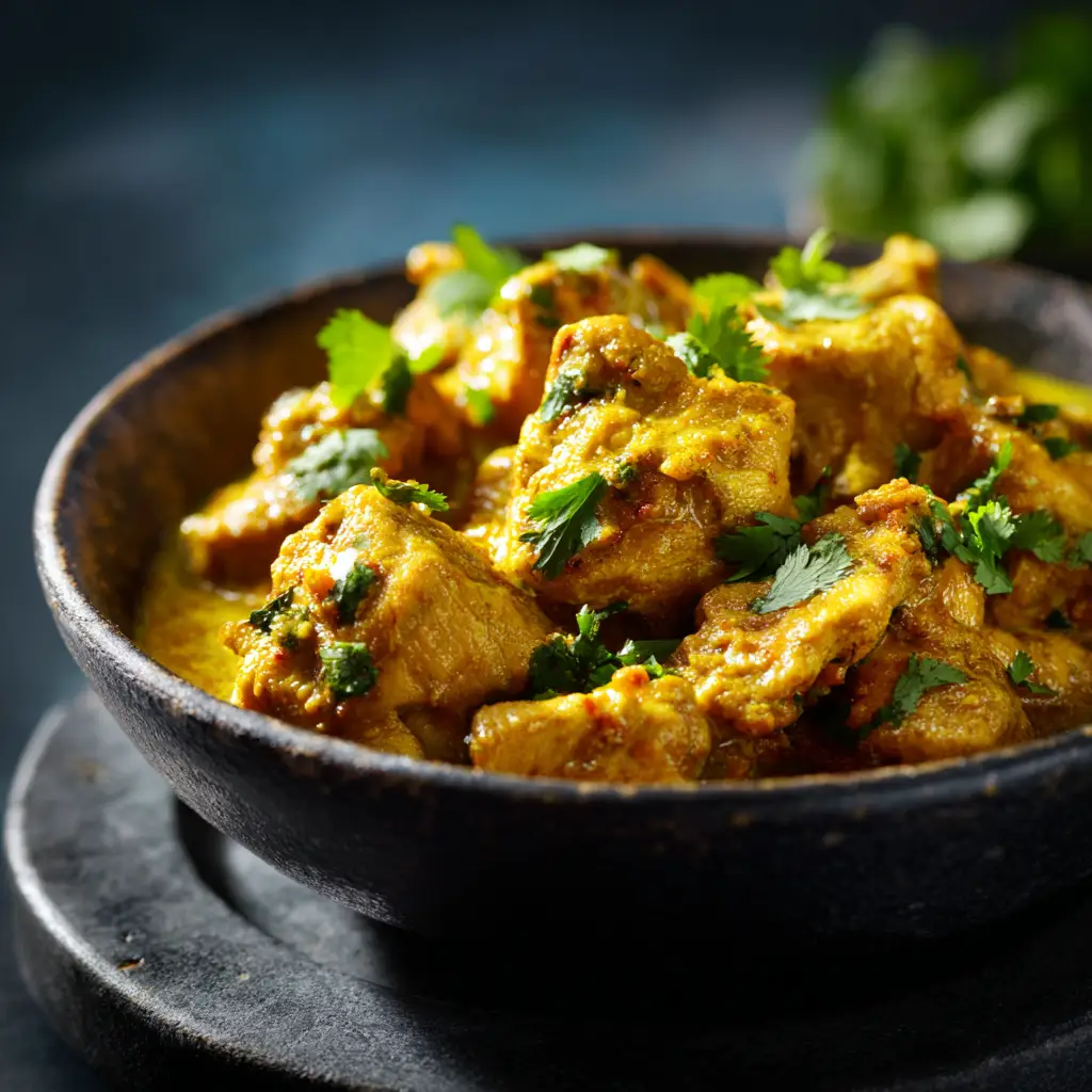 An appetizing bowl of homemade Golden Chicken Curry illuminated by natural side lighting.