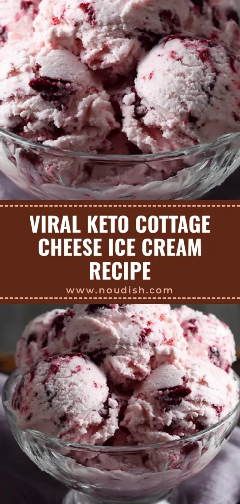 A sharable pin image showing hearty scoops of creamy strawberry Keto Cottage Cheese Ice Cream in a glass bowl with text overlay.