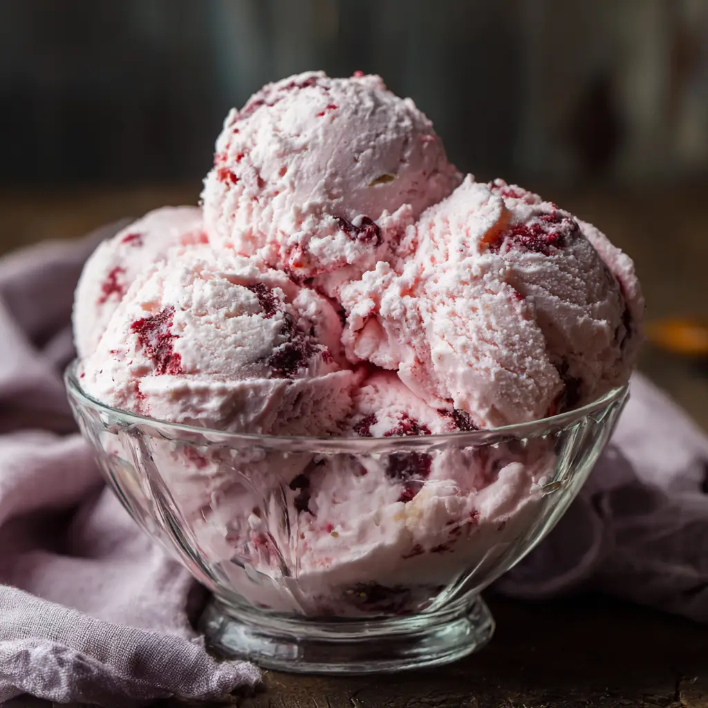 A close-up macro shot of several hearty scoops of creamy pink strawberry Keto Cottage Cheese Ice Cream piled high in a rustic glass bowl.
