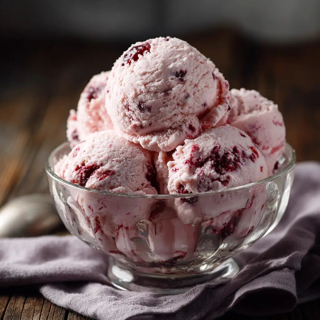 A side view of the strawberry cottage cheese ice cream, showing the frosty texture and chunks of dark red berries swirled throughout.