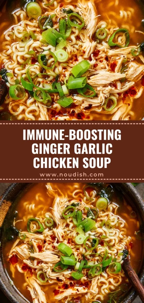 A rustic dark ceramic bowl brimming with Immune-Boosting Ginger Garlic Chicken Noodle Soup, curly ramen noodles, shredded chicken, and chili oil drizzle.